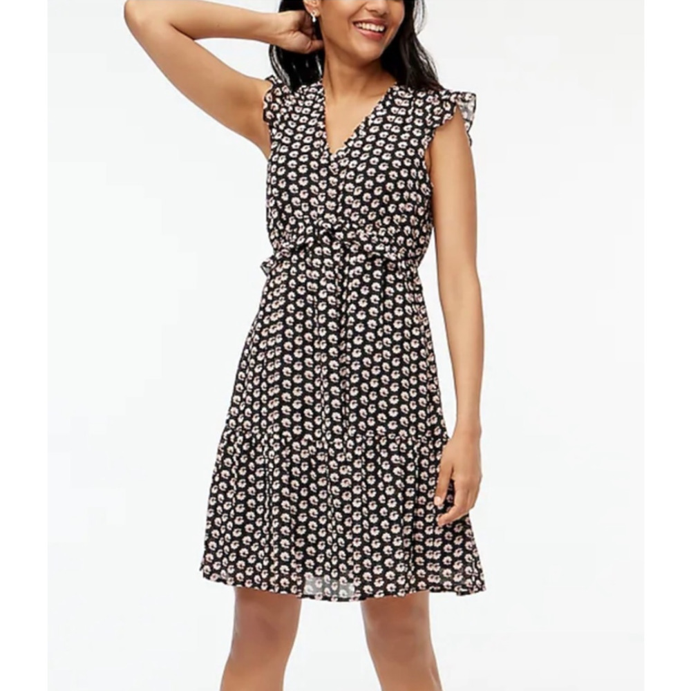 J Crew Ruffle V-Neck Mini Dress Black Wildfire Print Women's 4 NEW